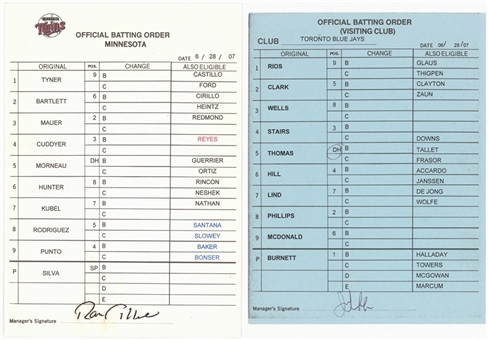 Frank Thomas 500th Career Home Run Line Up Card Signed by John Gibbons and Opponent Copy From June 28, 2007 - Toronto Blue Jays vs Minnesota Twins (JSA)